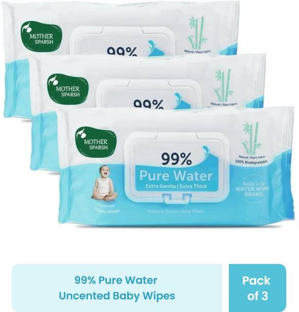 Mother Sparsh 99% Pure Water Based Baby Wipes (Unscented) - Natural Plant made cloth - Super Thick Fabric , 72 Wipes Each , Pack of 3