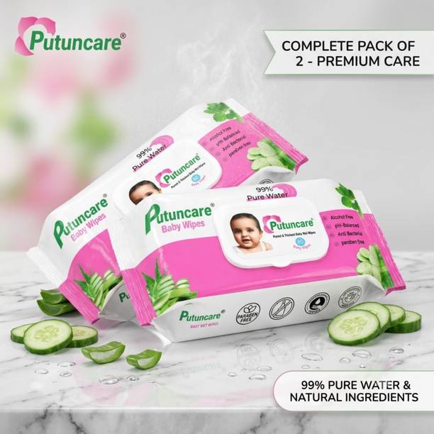 putuncare Baby Wet Wipes Pack of 2 | 99% Water | Alcohol Free | Soft & Thick