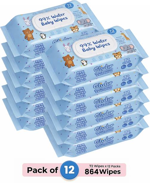 GLIDER 99% Pure Water Baby Wipes with Lid | Skin Nourishing & Cleansing | Pack of 12