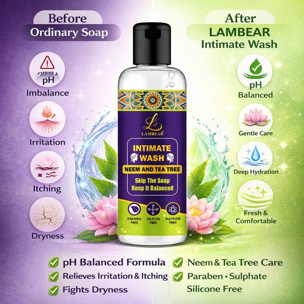 Lambear Natural Intimate Wash for Women | Germ and Odour Protection| pH Balanced Hygiene Intimate Wash