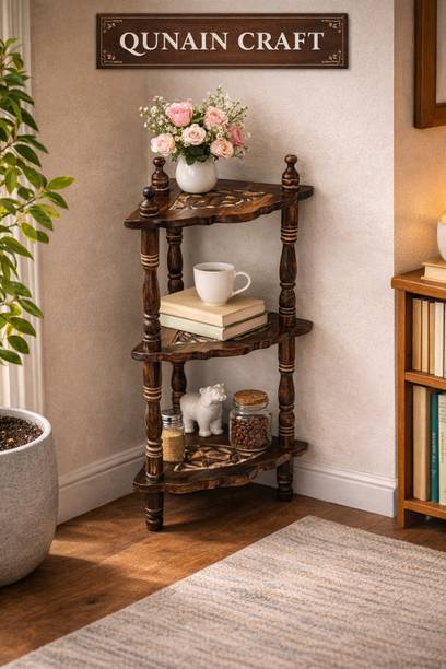 QUNAIN CRAFT Multipurpose Mini 3-Tier Corner Rack Shelf – Brown Side Corner, Mango Wood Wooden Geometric Object
