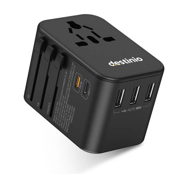 Destinio Universal Travel international Adapter with 1 PD, 1 Type C, 3 USB Charger Ports Worldwide Adaptor