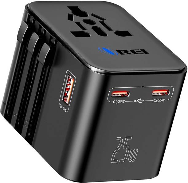 OREI 25Watt Universal Charger Adapter | 2X USBC 1XUSB A 4-in-1 International Adapter Worldwide Adaptor