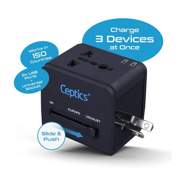Ceptics Universal Travel Adapter 3 in 1 With 2 USB Ports, Works More Than 150 Countries Worldwide Adaptor