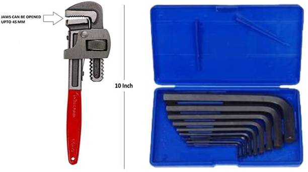 Exotic Arcade Combo of Pipe Wrench 10 Inch with 9 Pcs Allen Key Set( Elky - 1.5 - 10 MM) || Best Quality Heavy Duty Single Sided Pipe Wrench