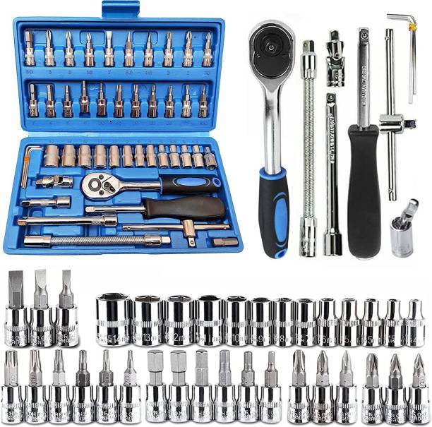 AEGON SS-46, 1/4" 46Pcs HeavyDuty Combinational Ratchet Socket Wrench Set, Chrome Vanadium Hand Tool Kit, DR Socket Wrench Set For Repairing Work, DIY, Auto Car Double Sided Combination Wrench