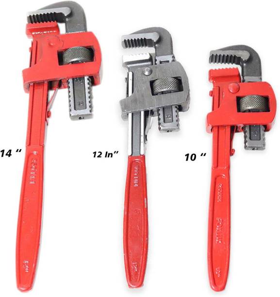 WallVilla Set Of 3 Pipe Wrenches (10in, 12in, 14in) Adjustable Head Long Life Quality Single Sided Pipe Wrench