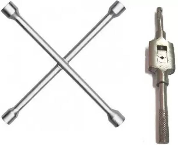 One Stop Shop 4 Way Car Wheel Screws Star Box Wrench Brace Spanner with Tap Wrench Tool Speciality Adjustable Size 10 MM Single Sided Pipe Wrench