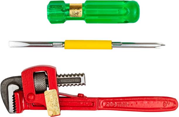 Globus 759 Stilson Pipe Wrench (8" / 200MM) & TWO-WAY Screw Driver 2 in 1 (8" / 200mm) Single Sided Pipe Wrench