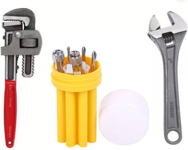 WhiteArcade Combo Kit of 10 Inch Pipe Wrench + 8 Inch Adjustable Wrench + Screwdriver Kit of 9 Pcs || Heavy Duty Single Sided Pipe Wrench