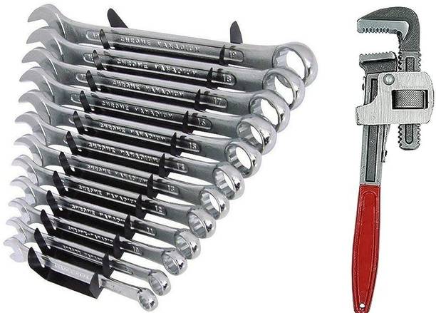 SHIVSHAKTI 12 pcs Long Combination Spanner Set With Heavy Rigid 10 Inch Pipe Jaw Wrench for All Purposes Double Sided Pipe Wrench
