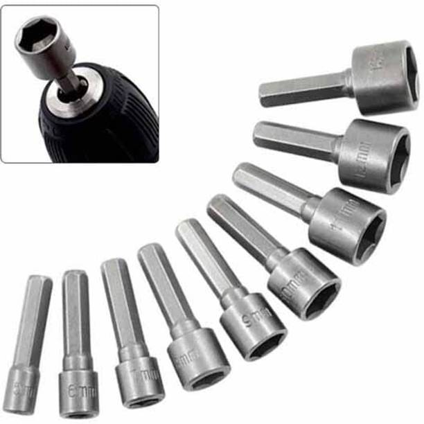 AS TOOL CENTER 9 Pcs Power Nut Driver Drill Bit Set 1/4 Inch Wrench Screw 5-13mm Single Sided Pipe Wrench