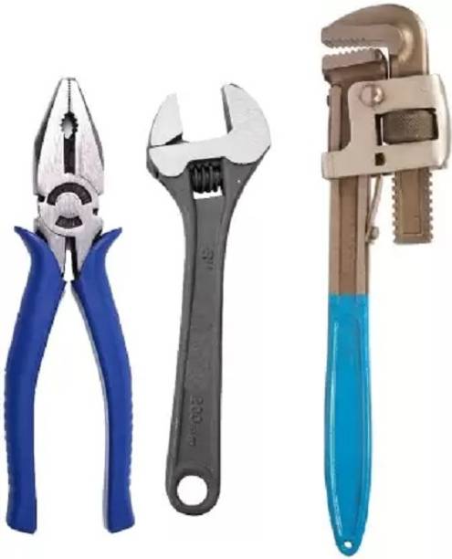 One Stop Shop Heavy duty 12 inch Pipe Wrench 8 inch Plier and 8 inch Adjustable Wrench Pack 3 Spanner Double Sided Pipe Wrench