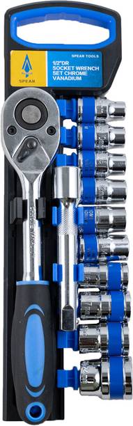 spear 12Pcs 1/2" Cr-V Quick Release Ratchet Wrench Set with Extension Bar & 10 Sockets for DIY, Automobile, Professional, Home Applications Double Sided Rachet Wrench