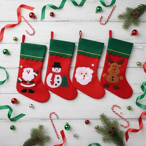 KHUSHA CREATIONS Set of 4 Christmas Door Tree Hanging Socks Santa Snowman Festive Decor Christmas Stocking