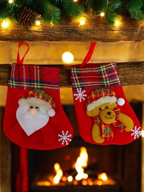 EvaCreations Assorted Small Size Christmas Stockings Santa Claus Hanging Ornaments Pack of 2