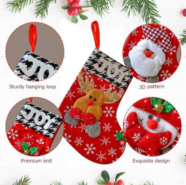 Giggles World Cute Christmas Stocking with 3D Design | Soft Festive Gift & Tree Decor Sock Hanging Ornaments Pack of 1