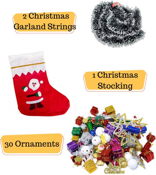 KHUSHA CREATIONS Christmas Xmas Tree Decoration Ornaments With Stocking & garlands Combo Hanging Ornaments Pack of 33