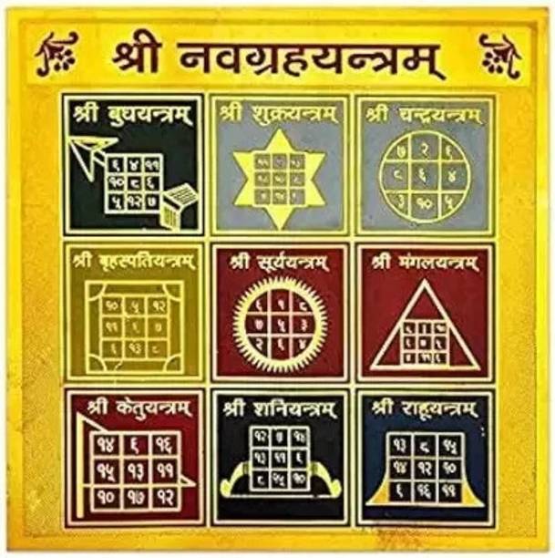 Fikup Brass Shri Navgrah Yantra – Sacred Yantra Energized with Gangajal & Mantra Wooden Yantra