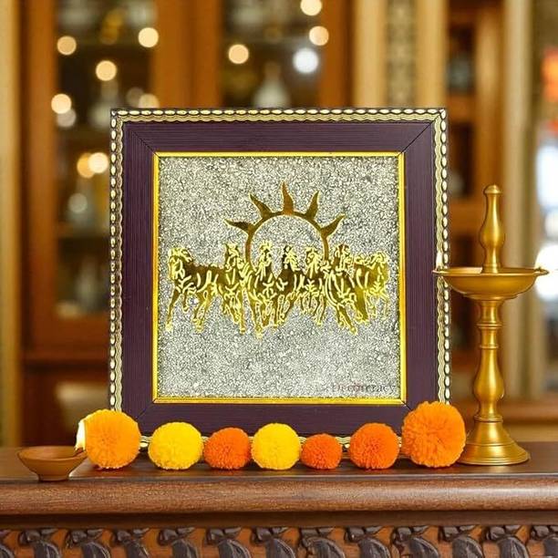 BHAGYA G 7 Running Horses Yantra Pyrite Frame for Business Growth & Wealth Vastu Yantra Wool, Glass Yantra