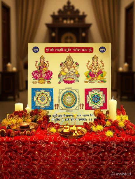 HAWAI Shree Laxmi Kuber Ganesh Gold Plated Religious Yantra(9x9inch) For Pooja Gold Yantra