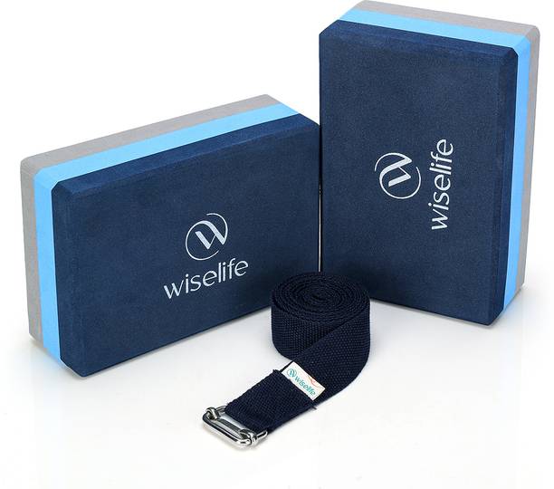 Wiselife Blue Grey Pro Yoga Block | Yoga Brick + Yoga Belt (Combo, Regular Size) TPE Yoga Blocks