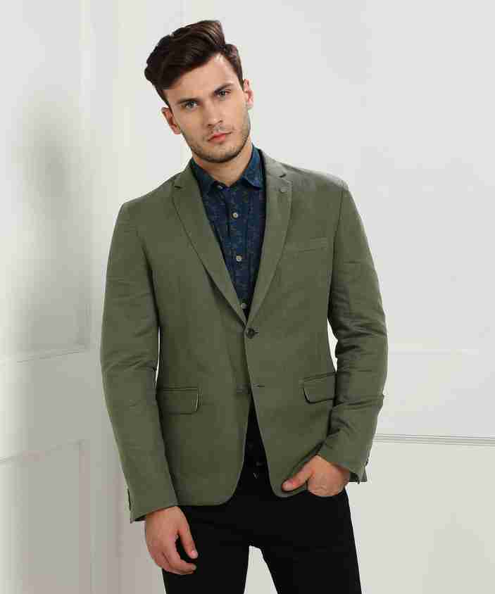 Van Heusen Olive Colour Blazer V DOT BY VAN HEUSEN Solid Single