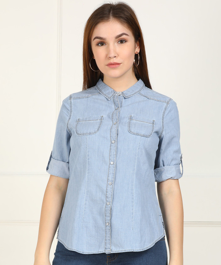 Kraus Jeans Tops Kraus Jeans Women Solid Casual Blue Shirt