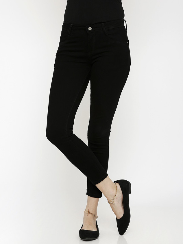 Kraus Jeans Super Skinny High Treggings Black Solid Ankle Length