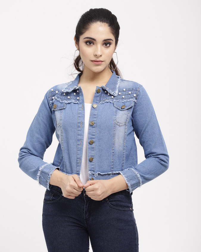 Alle Moda 3/4th Sleeve Washed, Embellished Women Denim Jacket