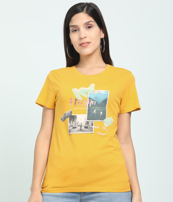Wrangler Printed Women Round Neck Yellow T-Shirt Buy Wrangler