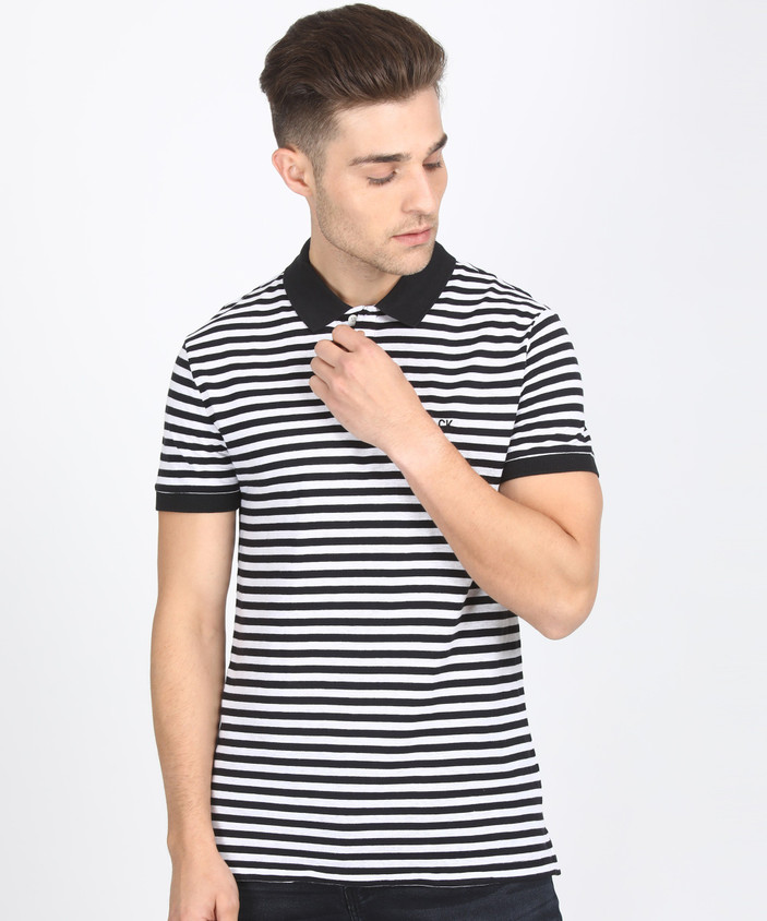 Men's Polo Black And White Striped Polo T Shirt Calvin Klein