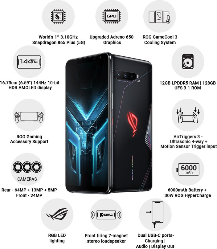 ASUS - ASUS  ROG モバイル3 12GB RAM、128GB Asus ROG Phone 3 5G/ 128GB+12GB/ Strix Edition Tencent
