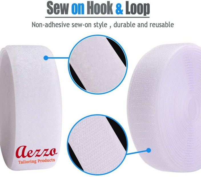 Aezzo White Velcro Hook Loop Sew-on Fastener tape roll strips