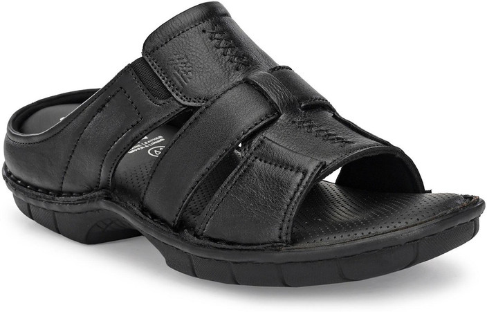 Hitz Black Leather Open Toe Comfort Slippers Men Sandals