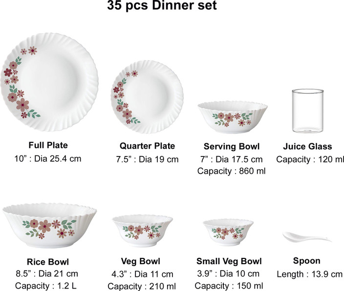BOROSIL by Larah Pack of 35 Opalware SA 35 pcs dinner set{{Dinner plate  10