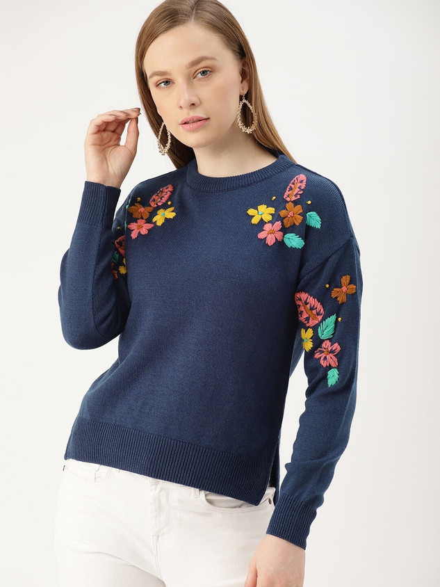 Dressberry Embroidered Round Neck Casual Women Blue Sweater Buy
