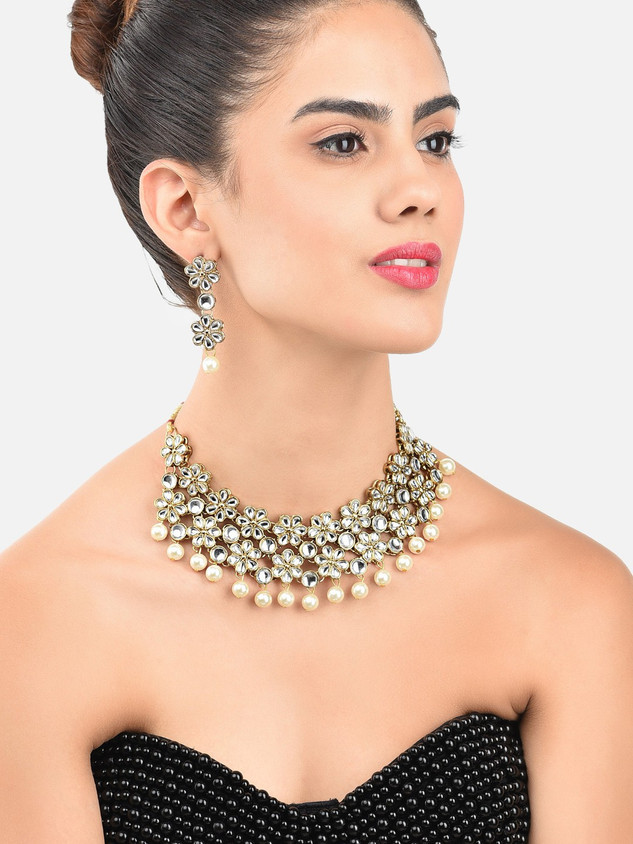 ZAVERI PEARLS Zinc Gold, White Jewellery Set Price in India Buy