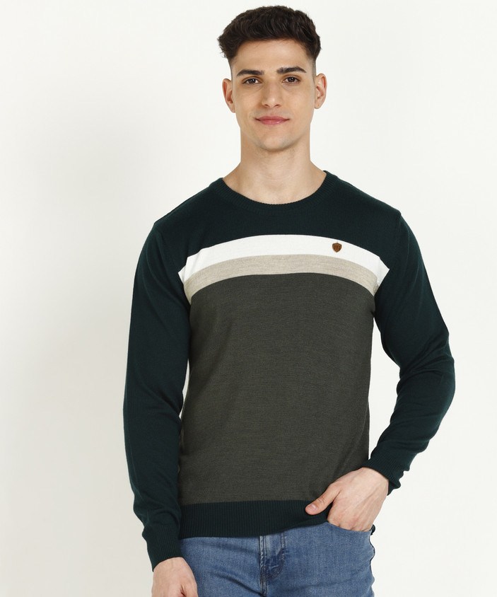 Raymond Striped Round Neck Casual Men Dark Green Sweater Buy