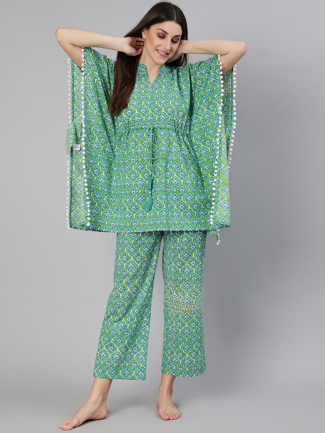 Jaipur Kurti Women Printed Green Night Suit Set Price in India