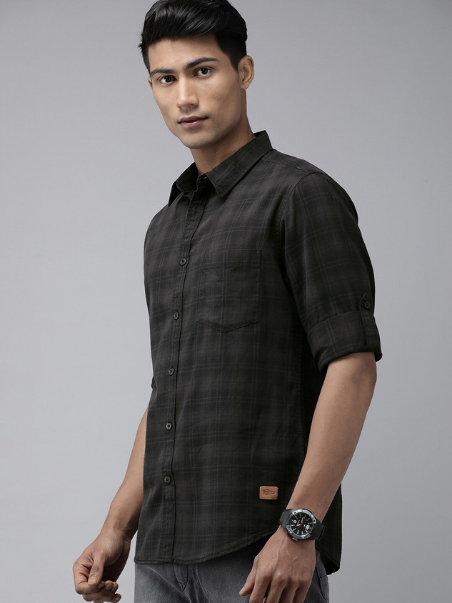 Roadster Men Checkered Casual Black, Grey Shirt Flipkart