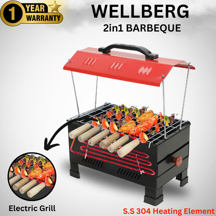 WELLBERG 2-in-1 BBQ, 1200W Compact for Camping, Home, Outdoor Cooking  Charcoal Electric Grill