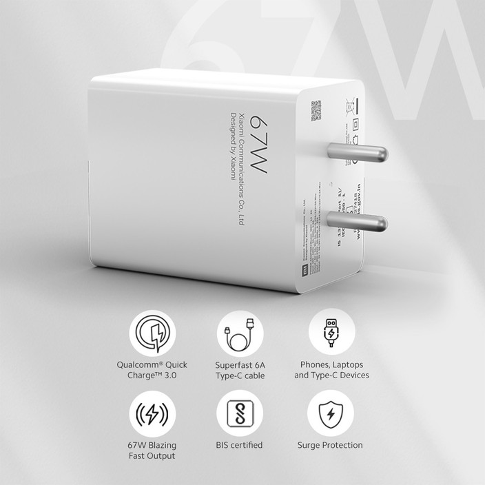 Mi 67 W SonicCharge A Wall Charger for Mobile with Detachable