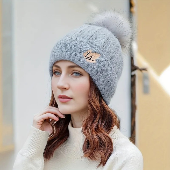 Bobble Hat Knit Caps For Women Women's Ribbed Knit Bobble Hat With