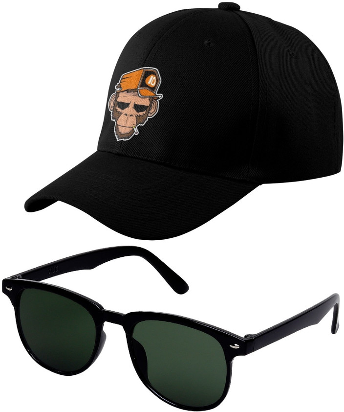 KiwiCaves Combo Of Solid Black Sports Regular Cap And Green Wayfarer  Goggle Sunglasses Sports/Regular Cap Cap