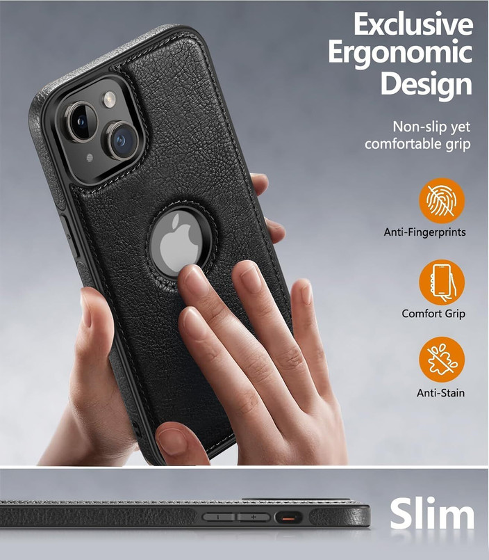 AmericHome Back Cover for Iphone 15 Leather Slim Logo View