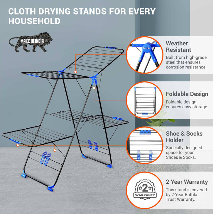 Bathla Steel Floor Cloth Dryer Stand Mobidry Neo+ 2-Level Foldable Cloth  Drying Stand (Black Blue)
