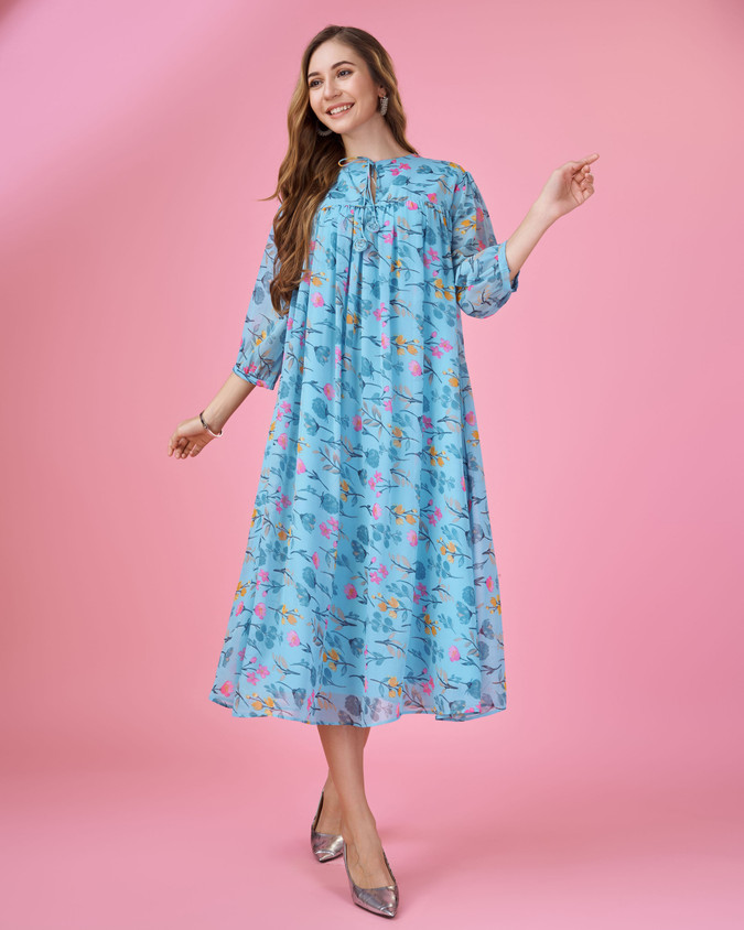 Flipkart Dresses Q MOJILAA Women Gathered Multicolor Midi/Calf