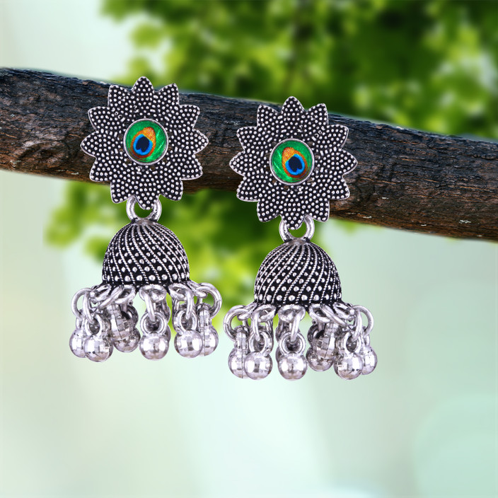 MEENAZ oxidised earrings jhumki silver combo party stylish simple small  jhumka set Beads, Pearl, Cubic Zirconia, Diamond Brass, Enamel, Copper, 