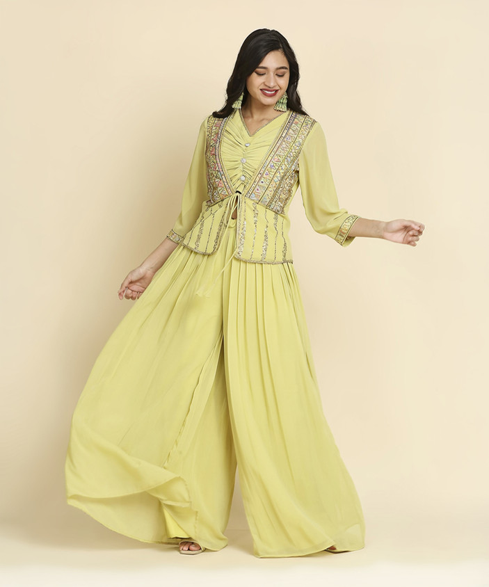 Yellow Flipkart Online Shopping Plazo Suit Elegant Green Crop Top